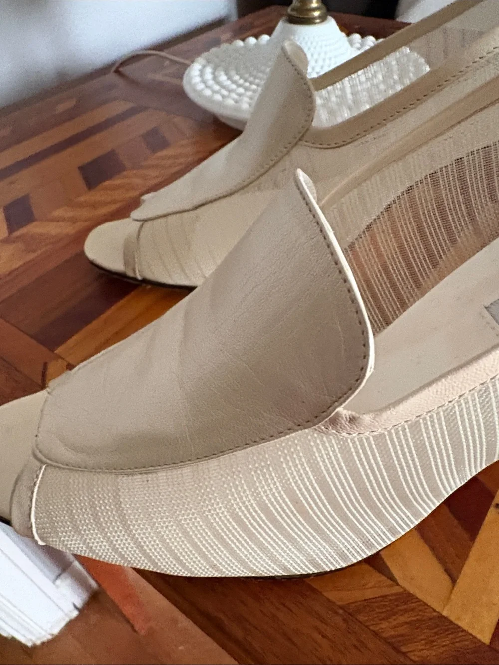 Sacha London Cream Peep-Toe Loafer Heels